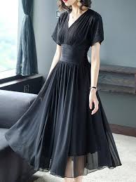 Black High Waist V Neck Big Hem Skater Dress 2xl A Line Dresses All Season Black Casu Bodycon Dress With Sleeves Long Sleeve Silk Dress Satin Skater Dress