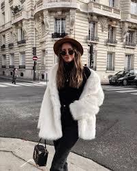 Cutest White Faux Fur Jacket Over All Black Casual Outfit Faux Fur Coats Outfit Fur Jacket Outfit Fluffy Coat Outfit