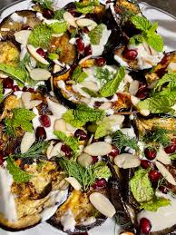 OC] Roasted eggplant, labneh dressing, pomegranate, mint, almond salad. :  rFoodPorn