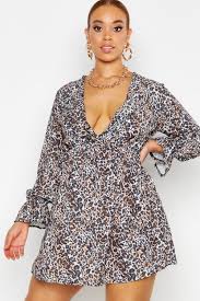 Plus Leopard Ruffle Plunge Smock Dress Boohoo Uk Smock Dress Bodycon Fashion Dresses