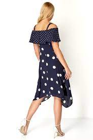 Polka Dot Cold Shoulder Dress In Navy Roman Originals Uk