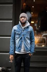 Men S Blue Denim Jacket Grey Hoodie Black Jeans Grey Beanie Mens Fashion Denim Mens Outfits Denim Jacket Men