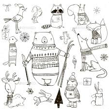 Set With Winter Animals Winter Drawings Christmas Doodles Winter Animals