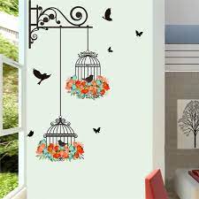 Colorful Flower Birdcage Wall Sticker Decals Flying Birds Plants Adhesive Living Room Wallpaper Bedroom N Sticker Wall Art Bird Wall Decals Wall Decor Stickers