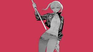 ratatatat74, blonde, looking at viewer, Maka Albarn, Soul Eater, twintails,  jeans, black jackets, bracelets, red background, simple background, anime,  anime girls, digital art, 2D, fan art | 3840x2160 Wallpaper - wallhaven.cc