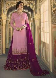 Pink colour dress, colour combination for dress pink, pista colour dress combination, peach colour dress combination, patiyala dress colour combination, punjabi dress colour combination, peacock colour dress 2020 colour combination with purple dress ( suit kurti dress ideas). Pink And Wine Satin Georgette Sharara Suit Salwar Kameez Designer Collection