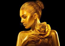 Golden Skin Woman with Rose. Fashion Art Portrait Stock Photo