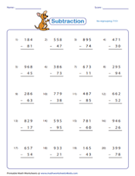 3 digit subtraction no regrouping sheet 1 1) 387 2) 475 3) 687 4) 356 ̶ 145 ̶ 134 ̶ 135 ̶ 122 5) 427 6) 566 7) 625 8) 857 ̶ 312 ̶ 126 ̶ 324 ̶ 131 9) 698 10) 458 11) 377 12) 648 ̶ 524 ̶ 337 ̶ 142 ̶ 236 13) 163 14) 785 15) 486 16) 785. 3 Digit Subtraction Worksheets