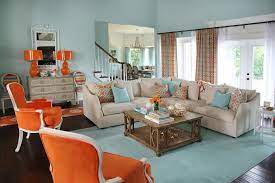 Orange And Aqua Blue Coastal Living Room Living Room Turquoise Living Room Orange Blue And Orange Living Room