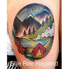 Beautiful Traditional Camping Scene Tattoo Silje Roe Hagland Traditional Camping Tattoo Traditional Tattoo Sleeve Camping Tattoo