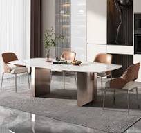 Mesa de Jantar de Metal Luxuosa com Design Único, Mesa de Jantar Retangular  com Topo de Mármore e Conjuntos de Cadeiras