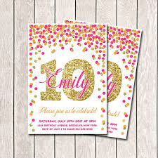 10th Birthday Invitations Hot Pink Orange And Gold Birthday Etsy 10th Birthday Invitation Birthday Invitations Printable Birthday Invitations