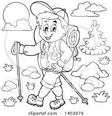 380.68 kb, 1244 x 1760. Clipart Of A Black And White Lineart Happy Boy Hiking With Poles Royalty Free Vector Illustration By Visekart 1453979