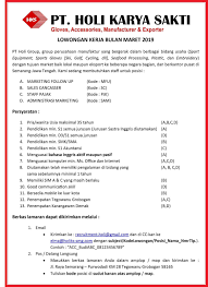 Contoh lowongan kerja menarik untuk kebutuhan rekrutmen anda seperti lowongan kerja hrd, design interior, marketing manager dan contoh dalam. Lowongan Kerja Di Pt Holi Karya Sakti Marketing Follow Up Sales Staff Pajak Dan Admin April 2019 Grobogan Demak Loker Swasta