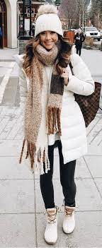 Awesome Winter Outfit White Coat Scarf Hat Bag Boots Sweater Skinnies Winter Fashion Outfits Snow Outfits For Women Winter Outfits Women