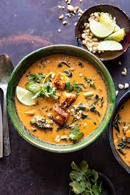 Spicy Peanut Soup With Sesame Halloumi Half Baked Harvest Recipe Spicy Peanut Soup Spicy Recipes Spicy Peanuts