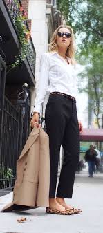 Women S Business Casual Style Black Dress Pants White Oxford Leopard Skinny Belt Leopard Flats Brown B Classy Work Outfits Work Fashion Work Outfits Women