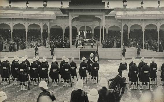 Their Excellencies Lord and Lady Curzon, with Their Royal Highnesses the Duke and Duchess of Connaught, receiving His Highness the Maharao Raja of Bundi at the Delhi Durbar, 1903.