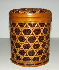 Star Of David Red Brown Woven Wooden Basket Cylinder Storage With Lid Handmade Handmade