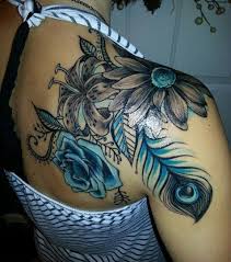 Bird And Flower Tattoo On Shoulder Flower Tattoo Shoulder Piece Peacock Feather And Teal My Favorite Sunflower Lily And Rose Cool Shoulder Tattoos Tattoos Shoulder Tattoos For Women