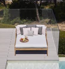 Arbor point commercial aluminum outdoor day bed with sunbrella antique beige cushions. Skyline Flexx Double Sun Lounger In Tan Natural Teak Frame With Fabric Cushions Moodmaestro Luxury Outdoor Furniture Outdoor Pool Furniture Outdoor Daybed