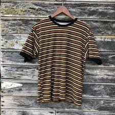 Black And Yellow Stripes Shirt 90s Vintage Striped Shirt Grunge Black Yellow Olive Green Burnt Orange Raver Stripe Shirt 1990s Rave Te Striped Shirt Vintage Clothing For Sale Vintage Outfits