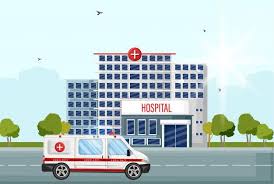 hospital facade street view flat style ambulance car at the entrance hospital care hospital facade