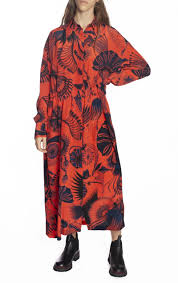 Darry Silk Red Dress Designed By Dries Van Noten The Silk Darry Is Designed By The Belgian Brand Dries Van Noten Features A Black Print On A Red Blackdrop Lon