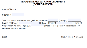 Free Texas Notary Acknowledgement – Corporation - Pdf - Word
