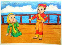 Garis, bentuk, dan pemberian warna disesuaikan dengan keseimbangan, komposisi, proporsi, dan kesatuan antara gambar dan narasi beberapa tahapan dalam menggambar ilustrasi adalah sebagai berikut : Gambar Ilustrasi Cerita Rakyat Malin Kundang