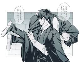 mash burnedead, orter madl, mashle, absurdres, highres, 2boys, black hair,  black robe, carrying, collared shirt, facial mark, glasses, long sleeves,  monochrome, multiple boys, necktie, robe, round eyewear, shirt, shoes,  short hair, speech