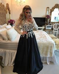 Ivory Black Satin A Line Long Sleeve Prom Dress Evening Gown With Lace Top Prom Dresses Long With Sleeves Prom Dresses With Sleeves Black Prom Dresses