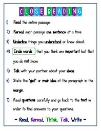 Close Reading Anchor Chart Student Reference Page Reading