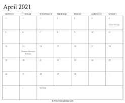 A fillable 2021 monthly calendar template with the us holidays designed with large boxes and ample notes space at the right side of the page. April 2021 Calendar Templates