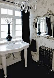 Black And White Toile Wallpaper Bathroom Parisian Pedestal Sink Transitional Bathroom 1st Option Gothic Bathroom Bathroom Design Black Gothic Interior