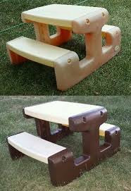 Lightly Sanded Then I Used Krylon Fusion For Plastic On The Sides Only And It Looks Great Littl Picnic Table Plastic Patio Furniture Picnic Table Makeover