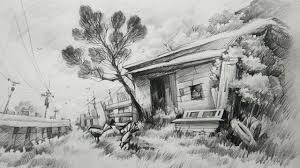 How To Draw A Simple Small Wooden House With Pencil Landscape Drawings Landscape Paintings Acrylic Small Wooden House