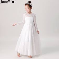 Janevini White Long Sleeve Flower Girls Dress For Kids Weddings Lace Beaded Neck Prom Dress Floor Length Fi Flower Girl Dresses Dresses First Communion Dresses