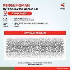 Gangguan bekalan air disebabkan kerja penggantian injap itu menyebabkan henti tugas sementara kesemua 31 kawasan yang mengalami gangguan bekalan air berjadual di wilayah petaling, klang johor darul ta'zim (jdt) dalam satu kenyataan menerusi laman facebook rasmi mereka, johor. Facebook