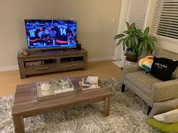 Each piece features a plinth base, slim center shelf, and molded tabletop, all made from wood with a neutral finish. Media Console Coffee Table Set Reclaimed Wood Style For Sale In San Jose Ca Offerup