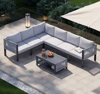7 PCS Modern Modular L-Shaped Patio Outdoor Sectional Sofa Set with Coffee Table in Light Gray for 6, Aluminum Frame Outdoor Sectional Sofa Set