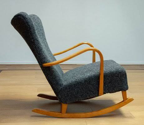 Beech Rocking Chair Upholstered with Grey Bouclé Fabric, Sweden, 1940s for sale at Pamono
