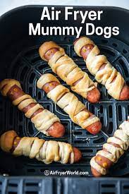Air Fryer Mummy Hot Dogs Recipe For Halloween Easy Air Fryer World Recipe Dog Recipes Hot Dog Recipes Mummy Hot Dogs