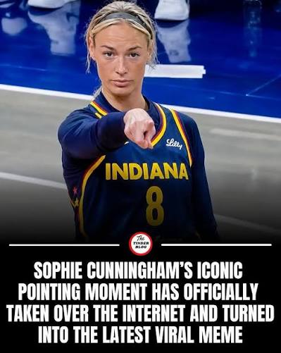 The Sophie Cunningham pointing meme comes from a viral moment where Sophie  Cunningham was seen silently pointing during a heated moment in an WNBA  game. The reaction shot became a meme because