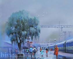 A Masterpiece By Artist Bijay Biswaal Who Has Beautifully Captured Railway Platform In His Wet Platform Series Ava Beautiful Paintings Train Sketch Painting