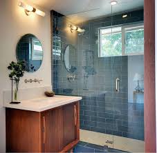 Kitchen Backsplash And Bathroom Tile Ideas With Gray Glass Subway Tile Fog Ban Mid Century Modern Bathroom Bathroom Interior Bathroom Interior Design