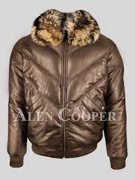 Men S 100 Real Leather Coffee V Bomber Winter Jacket With Raccoon Fur Collar Leather Jacket Men Style Winter Jackets Real Leather