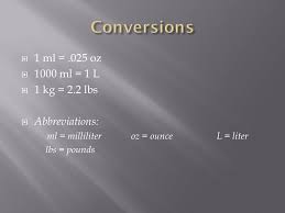 1 Ml 025 Oz 1000 Ml 1 L 1 Kg 2 2 Lbs Abbreviations Ml Milliliteroz Ouncel Liter Lbs Pounds Ppt Download