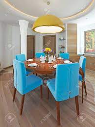 Find expandable round dining table at macy's. Modern Dining Room With Kitchen In A Trendy Style Kitsch Round Stock Photo Picture And Royalty Free Image Image 60565125