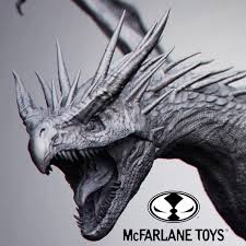 It has brown skin, a spiked tail, and bronze horns protruding from its head. Artstation Hungarian Horntail Mcfarlane Toys Nikita Lebedev